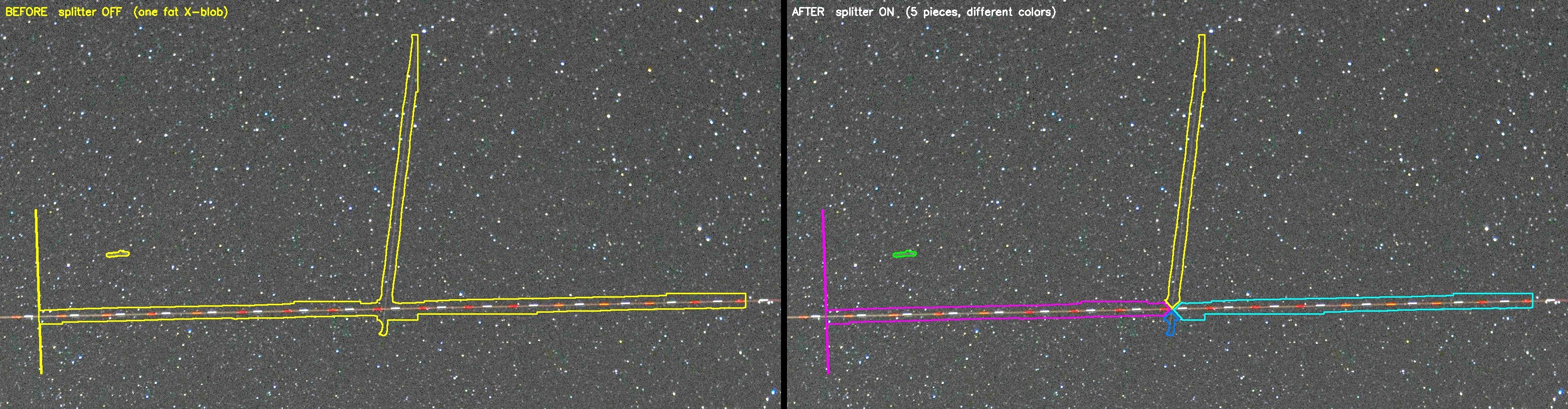 Two crossing trails: with the splitter off the detector wraps both in one fat outline; with it on the blob is cut into separate pieces