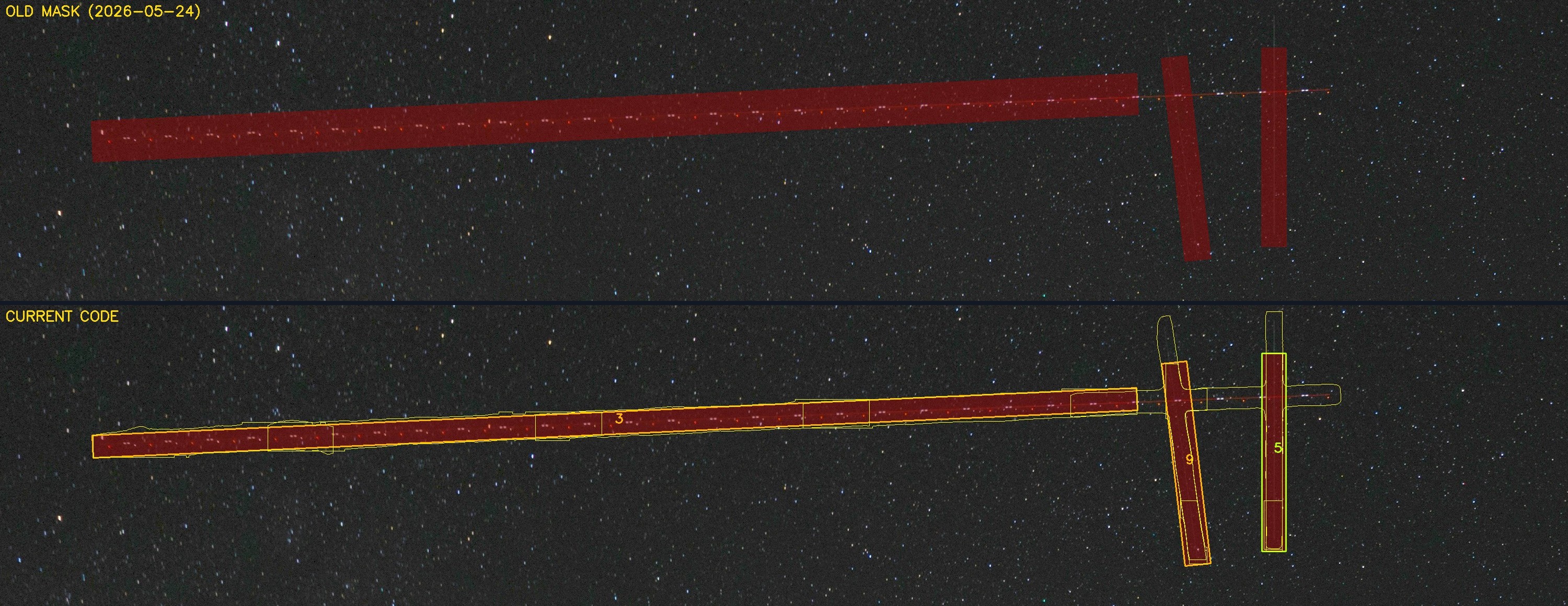 The same airplane trail before and after: the old code leaves it broken with a gap, the current code stitches it whole