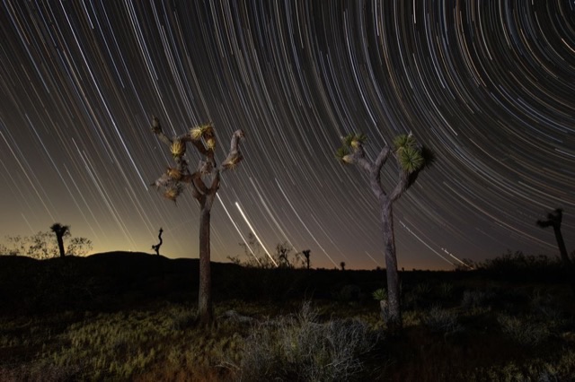 A repaired star trail stack with the aircraft and satellite trails removed
